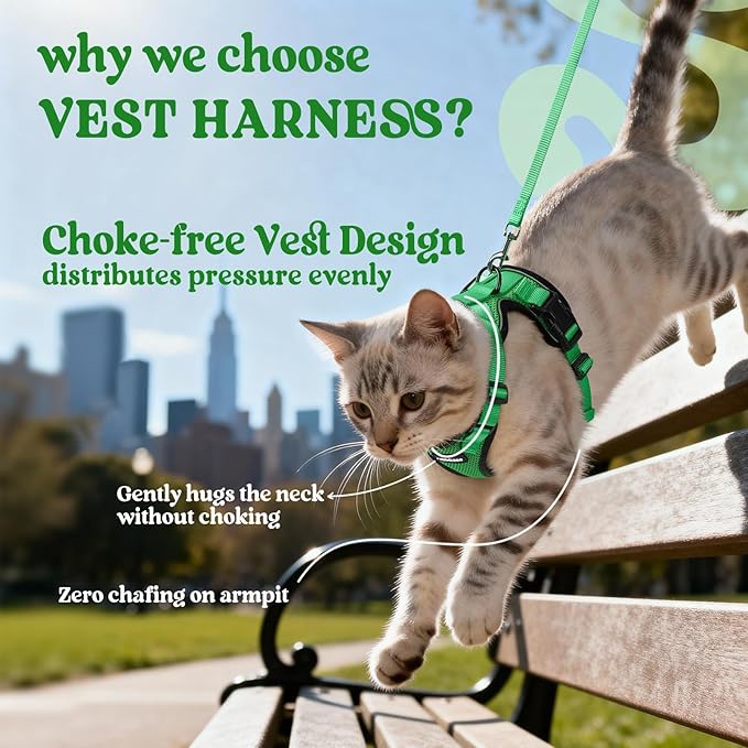 rabbitgoo Cat Harness and Leash for Walking, Escape Proof Soft Adjustable Vest Harnesses for Cats, Easy Control Breathable Reflective Strips Jacket, Grass Green,S