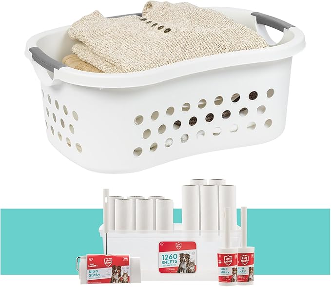 IRIS USA 50L Plastic Hip Hold Laundry Basket with Handles, 1 Pack, White + Extra Sticky Lint Roller Value Pack Comes with Container, Refills, Standard & Large Rollers, Pet Hair Remover for Laundry