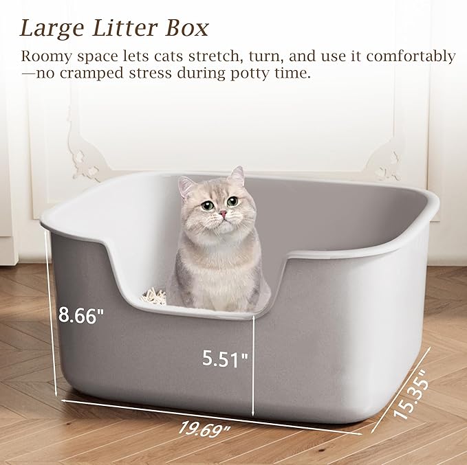 Large Cat Litter Box with High Sides, Side Entry Open Top Deep Tall Litter Pan, Kitty Litter Box for Indoor Small and Medium Cats, Grey (Anti-Splashing) 19.7" L x 15.4" W x 8.6" H