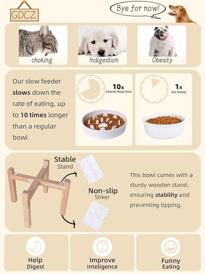 Dog Slow Feeder Bowl, Round Ceramic Pet Food Bowl for Medium Breed, Fun Raised Dog Bowls to Slow Down Eating (White, M-1.3 Cups+Stand)