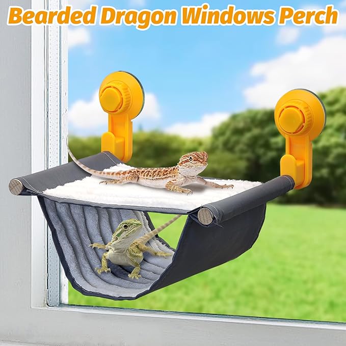 BNOSDM Bearded Dragon Windows Perch Reptile Hammock with Strong Suction Cups Soft Warm Lizards Bed Double Layered Cage Accessories for Chameleon Geckos Snakes Grey Flannel 9''x 7.2''x 4.7''