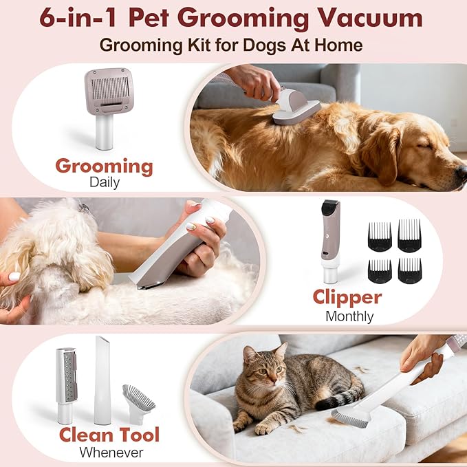 Dog Grooming Vacuum, 12000Pa Powerful All-in-One Pet Grooming Vacuum for Dogs Cats, Low Noise Pet Hair Clipper with 3.2L Dust Cup for Shedding Pet Hair, Low Noise, 3 Levels, White