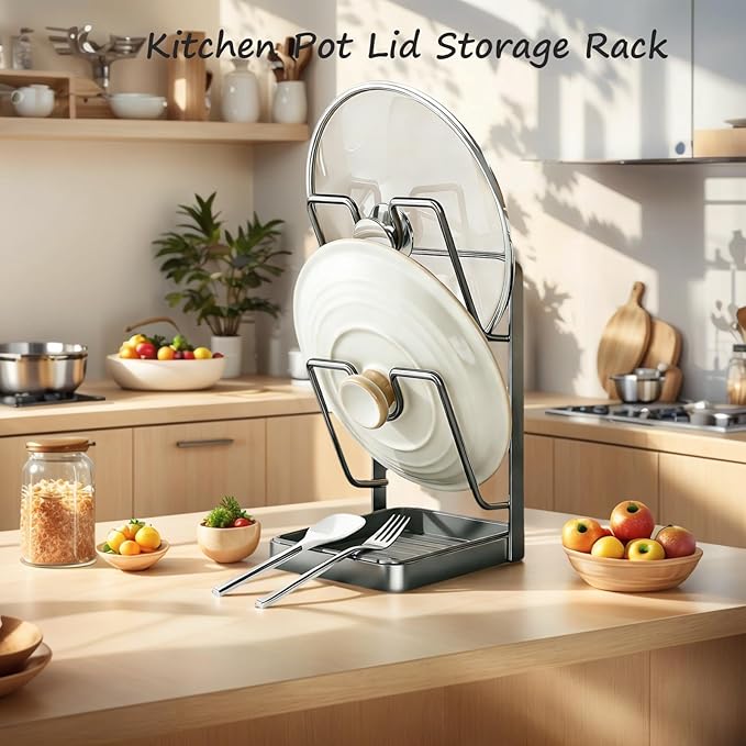 Kitchen Pot Lid Storage Rack, Stainless Steel Pot Lid Holder While Cooking for Countertop, Multifunctional Pots Lids Organizer Rack with Removable Drip Tray for Spatulas, Ladles & Large Lids (White1)