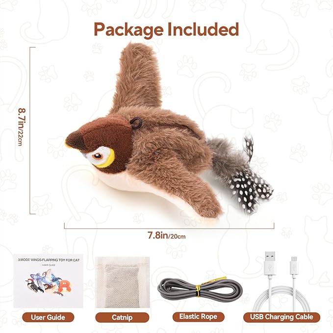 AUSCAT Flappy Bird Cat Toy, Simulated Chirping Bird Cat Toy Flapping Wings, Rechargeable，Interactive Catnip Toys for Indoor Kittens (No Flying)