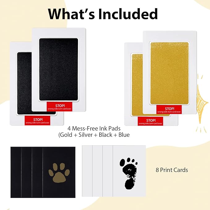 4 Packs Inkless Hand and Footprint Kit Mess Free Paw Print Kit for Dogs & Cats Clean Touch Ink Pad for Pet Nose & Paw Dog Mom New Mom Gifts(Gold & Black)