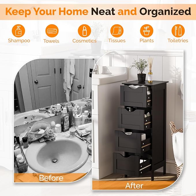 Bonnlo Slim Bathroom Floor Cabinet, 4-Drawer Wooden Freestanding Storage Unit, Small Side Organizer for Narrow Spaces, Compact Bathroom Storage Cabinet for Kitchen, Hallway & Office, Matte Black