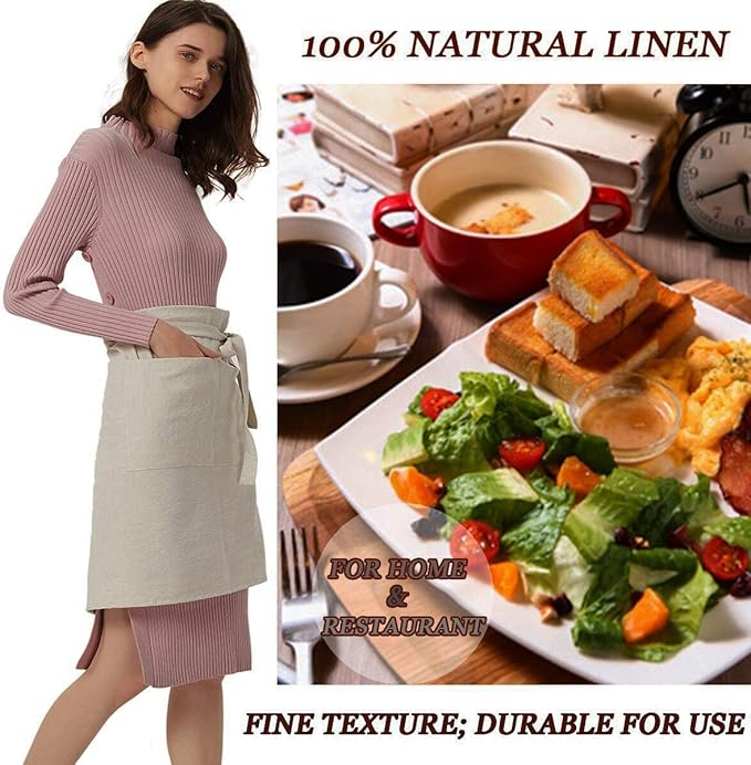 Cityelf Linen Server Apron Cotton Bistro Half Apron with Large Pockets Waist Kitchen Apron for Cooking Waitress