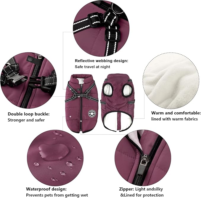Aiboria Dog Jackets Coat for Winter Windproof Waterproof Skiing Dog Vest Fleece Warm Chest Strap Belt Purple 4XL