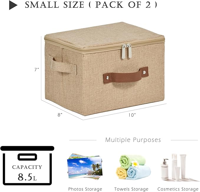 2 Pack Storage Bins with Zipper Lid Cotton Linen Fabric Lidded Storage Baskets Boxes Foldable Washable Closet Shelf Clothes Organizer Container with PU Leather Handles (Linen, Small)