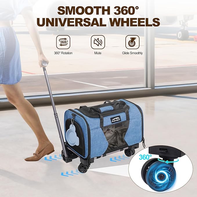 Cat Carrier with Wheels TSA Approved up to 13lbs, Rolling Airline Pet Carriers Under Seat 16.5 * 11 * 10.2in, Soft-Sided Bag for Small Cats and Dogs with Locking Safety Zippers and Pet Bowl, Blue