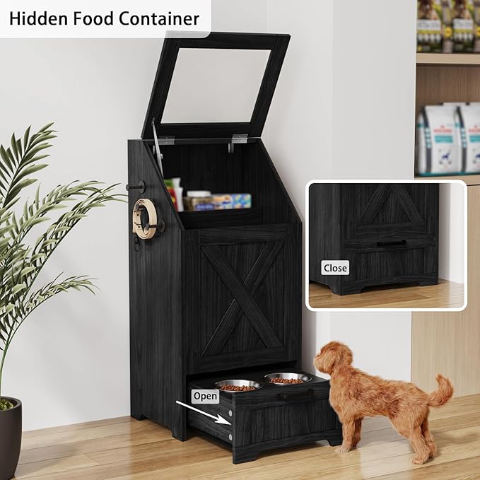 Dog Feeding Station,Dog Food Storage Cabinet,Pet Feeding Station with 2 Elevated Bowls,Hidden Pet Feeder Station with Hooks,Flip Top Pet Storage Organizer for Water,Feeding (Black)