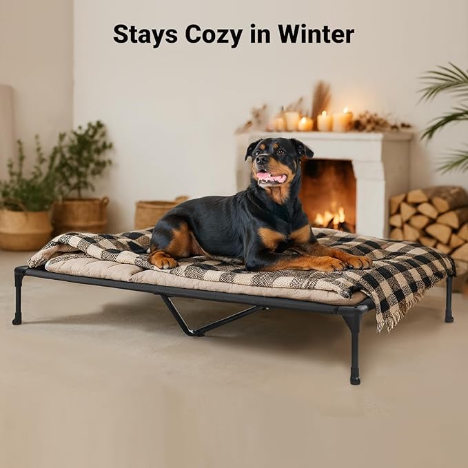 Veehoo Outdoor Elevated Dog Bed Large Sized Dogs, Extra Large Cooling Raised Dog Cots Beds Training Platform Off Ground Hammock with Breathable Mesh, No-Slip Feet, 53"x37", Black Silver
