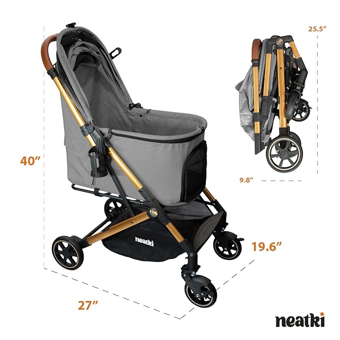 Foldable Pet Stroller for Dogs and Cats, 27.55x19.68x40.55, 33 lbs Capacity, 360° Swivel Front Wheels, One-Click Fold, Leash & Lock Clips, Removable Washable Padding, Cup Holder (Gray, 33 lbs)
