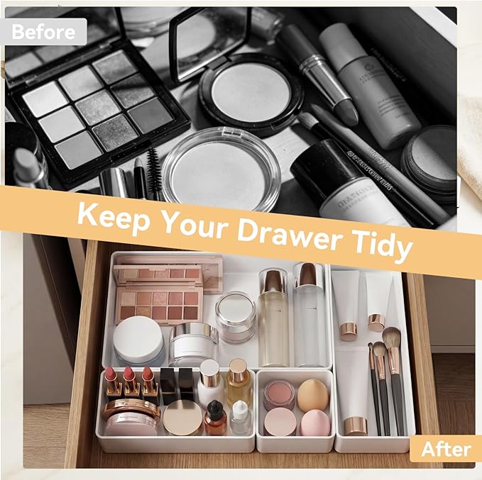 18 Pcs Drawer Organizer Stackable 4 Size Makeup Drawer Organizer Trays Acrylic Bathroom Vanity Storage Bins for Cosmetic, Jewelries, Office Supply, Kitchen Utensils (White,Glossy)