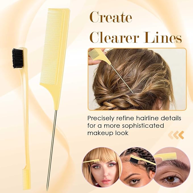 5PCS Slick Back Hair Brush Set, Soft Natural Boar Bristle Hair Brush for Thin & Fine Hair, Rat Tail Comb Edge Teasing Brushes Styling Tool Kit Accessories for Women Kid