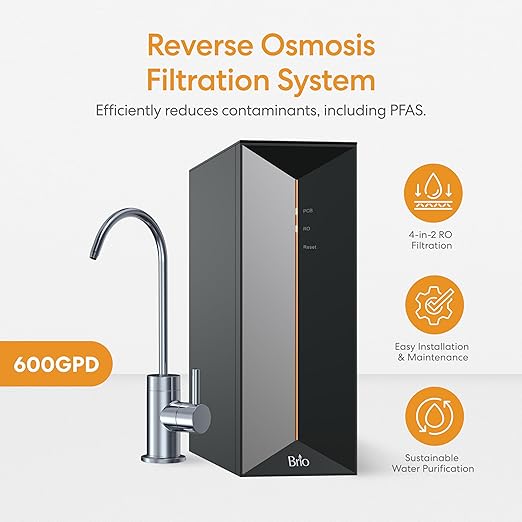 Brio Prism TROE600PRISM Reverse Osmosis Water Filtration, 4-Stage Tankless RO Water Filter System for Under Sink, 600 GPD, 1.5:1 Pure to Drain, Reduces TDS, Faucet, USA-Based Customer Support, Black