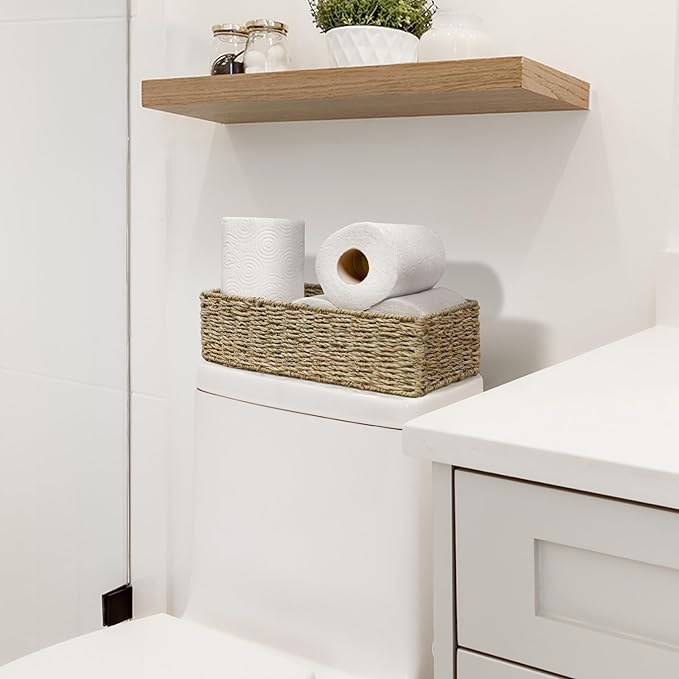 2-Pack Handwoven Seagrass Storage Baskets, Wicker Bins for Pantry Organization, Shelf or Closet Organizer, Decorative Boho Rectangular Basket 15.7" x 6.7"