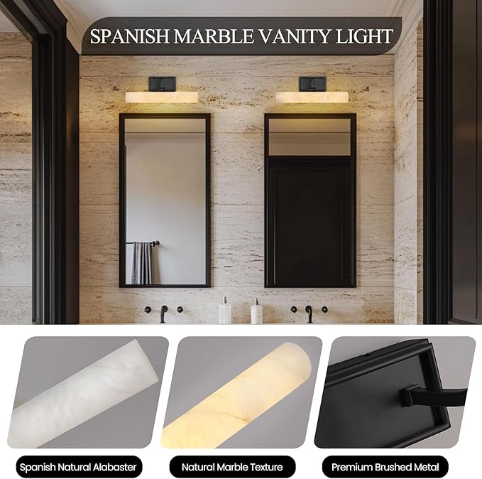 Alabaster Picture Light Hardwired, Modern Spanish Marble Bathroom Lights over Mirror, 12in Black Vanity Lights for Wall, Dimmable Gallery Light, Picture Frame Light for Painting, Artwork, Bookcase