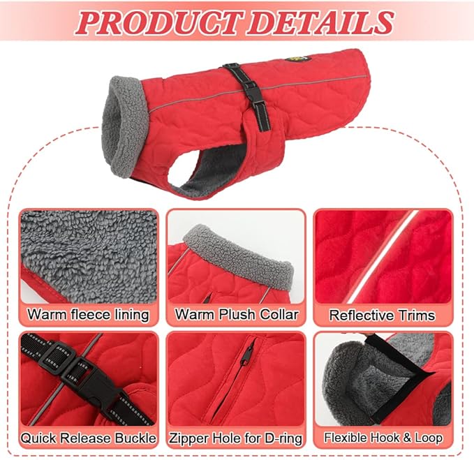 Dog Coat for Winter, Windproof Pet Apparel for Cold Weather - Fleece Lining Warm Winter Dog Coats, Adjustable Water Resistant Reflective Doggie Clothes for Large Dogs, Red XXL