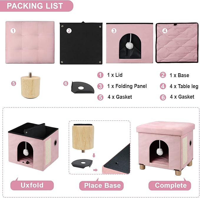 BRIAN & DANY Foldable Cat House, Cat Cave, Cat Cube with Scratch Board & Ball, 12.5" x 14.5” x 14.1”, Pink