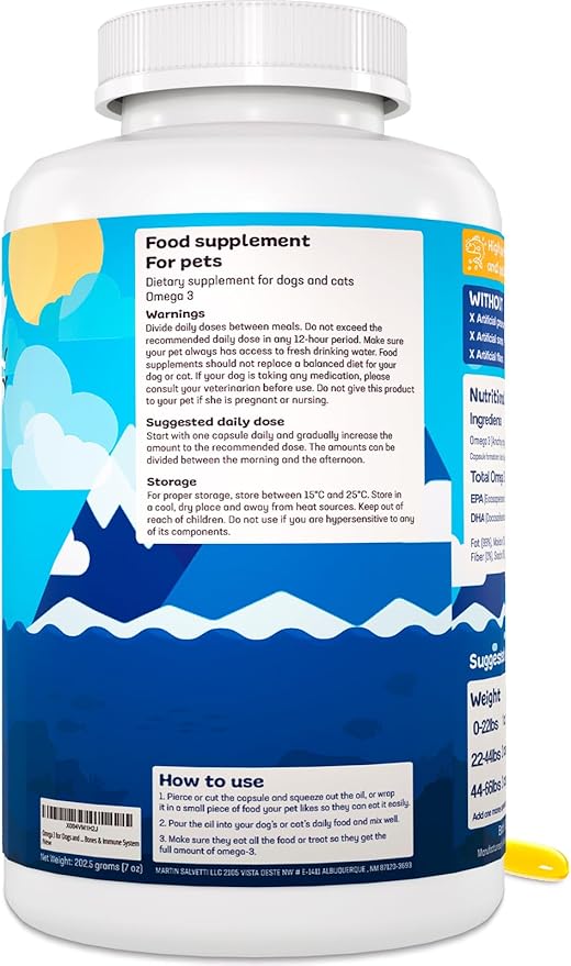 Omega 3 for Dogs and Cats 1000mg – 200 Fish Oil Fatty Acids Capsules (180mg EPA + 120mg DHA) – Supplement for Skin and Coat Itch Relief and Immune System