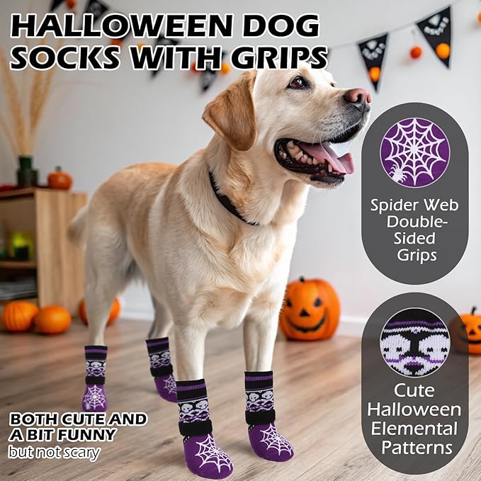 EXPAWLORER Halloween Anti Slip Dog Socks to Prevent Licking Paws, Boots & Paw Protectors with Spider Web Grippers,Doggie Booties for Hardwood Floors for Small Medium Large Senior Dogs Purple Ghost S