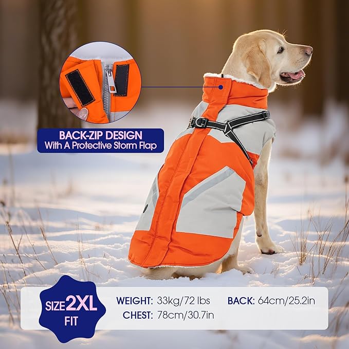 FUAMEY Dog Winter Jackets for Large Dogs,Dog Coat with Harness Built in,Waterproof Dogs Snowsuits Warm Pet Jacket Zip Up Fleece Cold Weather Coats Reflective Safety Pets Hunting Vest Orange 2XL