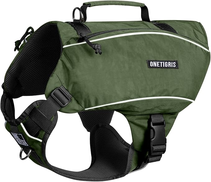 ONETIGRIS Y-Shaped Dog Backpack with Handle, Pockets & No Pull D-Rings, Lightweight Hiking Gear for Dogs Hunting Camping Travel (Large, Green)