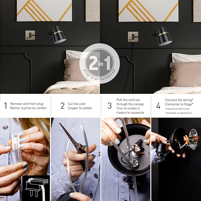 GLOBE Electric 51345 1-Light Plug-in or Hardwire Swing Arm Wall Sconce, Matte Black, Brass Accents, 6ft Woven Fabric Cord, Flat Plug, Rotary Switch, Modern Light for Apartments and Rental
