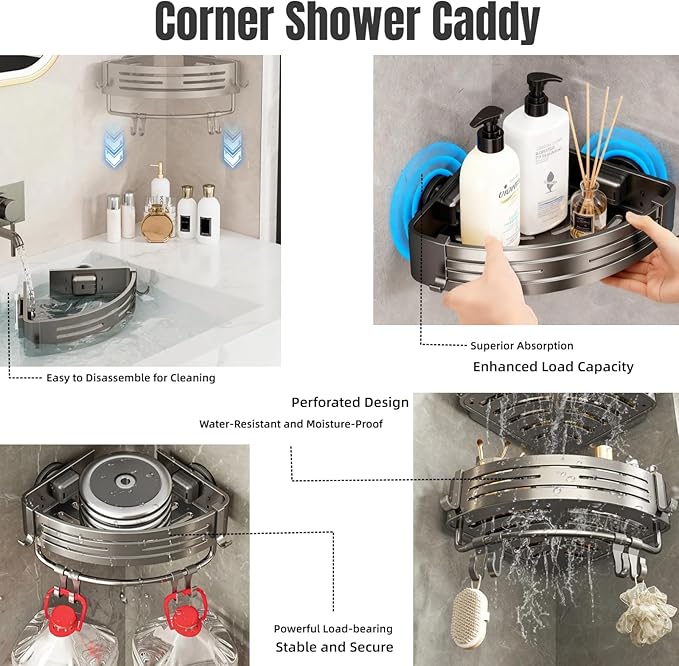 3Pcs Corner Shower Shelf Caddy Suction Cup, No Drill Hole with Towel Bar and Hook, Gray Bathroom Storage Rack, Zero Drill Triangle Shelves, Store Toiletries and Bath Towel for Bathroom Kitchen RV