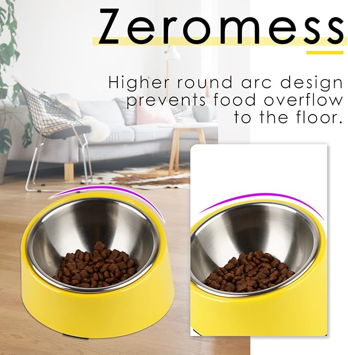 SuperDesign Mess Free 15° Slanted Bowl for Dogs and Cats, Tilted Angle Bulldog Bowl Dog Feeder, Non-Skid & Non-Spill, Easier to Reach Food M/1 Cup Bright Yellow