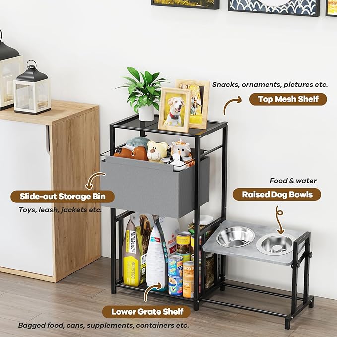 Elevated Dog Bowls Stand with Pet Storage Organizer, Adjustable Feeding Station Cabinet with Toy Basket for Large, Medium, and Small Dogs