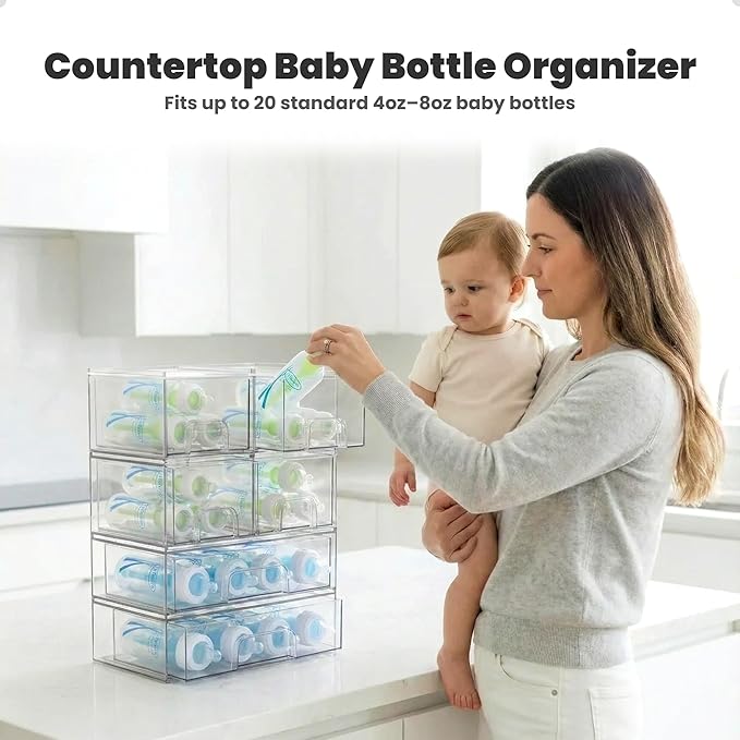 Clear Baby Bottle Organizer For Cabinet, Storage Bins with Pull-Out Drawers, 6-Pack Organizer Set with Labels, Premium PET Plastic Storage Organizer for Pantry, Bathroom, Vanity, Countertop