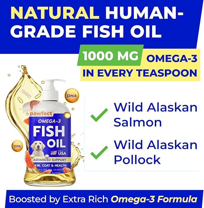 PAWFECTCHEW Fish Oil for Dogs - Natural Omega-3 - Skin & Coat Support - Liquid Food Supplement for Pets - Natural EPA + DHA Fatty Acids for Joints, Immune & Heart Health 16oz