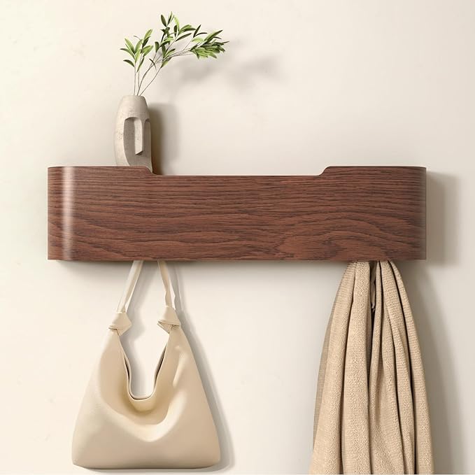 Coat Rack Wall Mount Entryway Organizer Modern Key Holder Wall Mount with Wooden Shelf Entryway Hooks for Bedroom Kitchen Hallway Bathroom for Hanging Coats Hats Dog Leashes Bags Towels