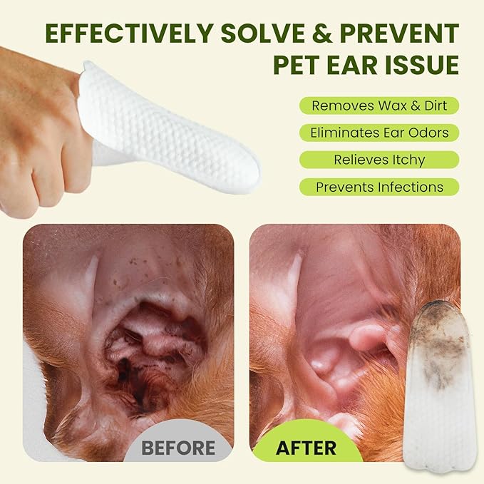 Ear Finger Wipes for Dogs & Cats, Thicker Dog Ear Cleaner Wipes, Natural Relief Cat Ear Cleaner Dog, Pet Health Supplies for Dog Kitten Small Animal, Aloe Scent Deodorizing - 100 Count