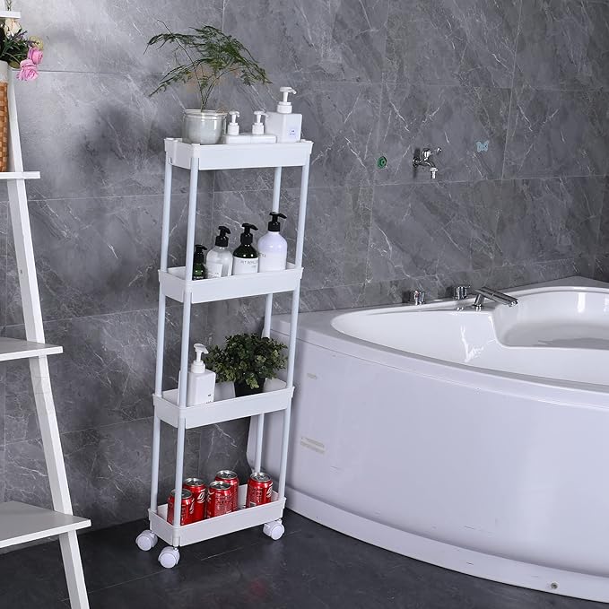 Sooyee 4 Tier Slim Storage Cart Mobile Shelving Unit Organizer Slide Out Storage Rolling Utility Cart Tower Rack for Kitchen Bathroom Laundry Narrow Places, Plastic & Stainless Steel,White