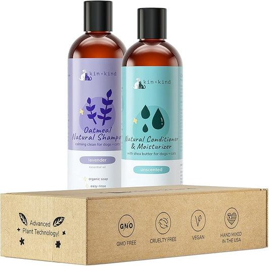 kin+kind Lavender Oatmeal Pet Shampoo + Conditioner for Itchy Dogs and Cats - Pet Natural Shampoo Plus Conditioner (Bundle)