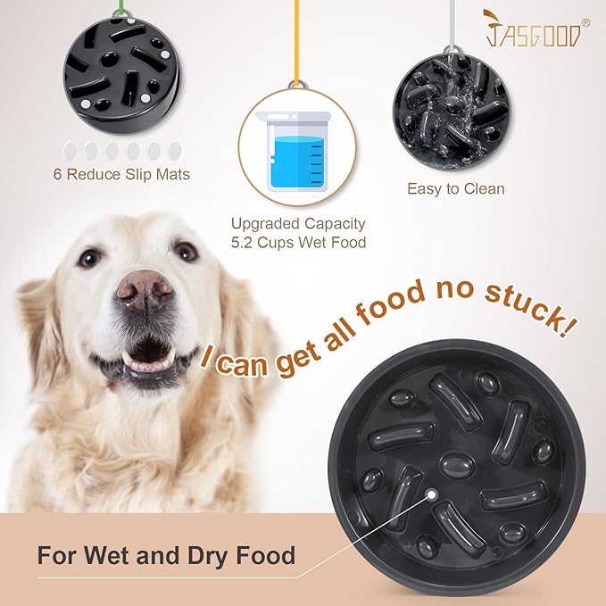 JASGOOD Largr Dog Slow Feeder Bowl - Reduce Slip Puzzle Bowl for Elevated Diners - Dark Gray, Fit Opening 8.9"-9.25" (Pack of 2)