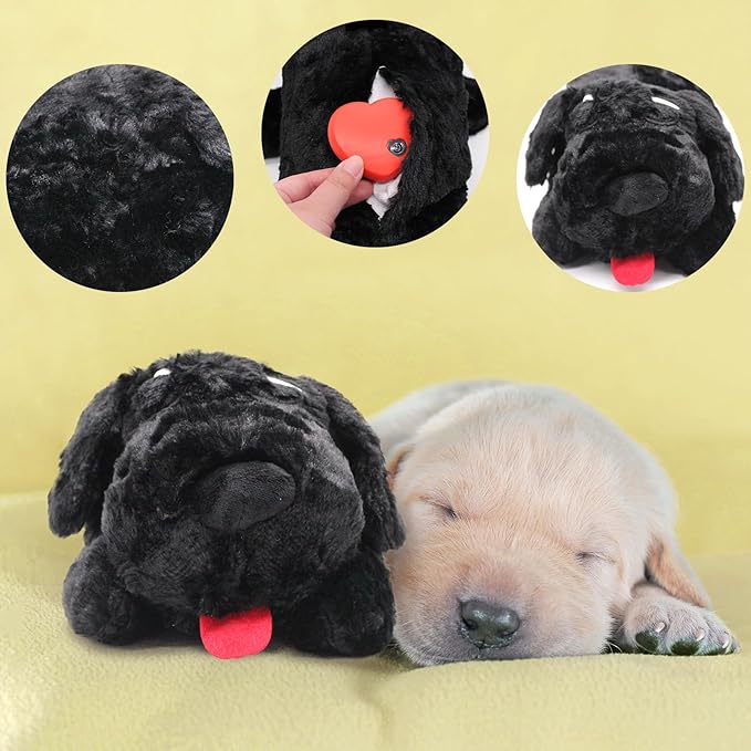3T GROUP Puppy Heartbeat Stuffed Animal for Dog Heartbeat Toy Sleep Aid for Puppy Essentials Behavioral Training Anxiety Relief Calming Plush Pillow (Black)