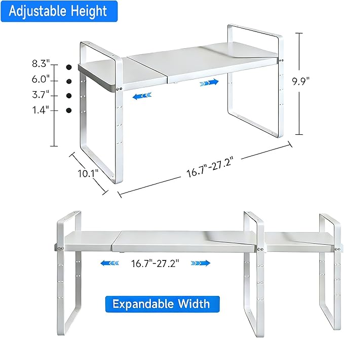 Expandable Cabinet Shelf Organizer, Stackable Kitchen Pantry Counter Storage, Adjustable Closet Cupboard Stand Rack Risers Spice Organization 80LBS Heavy Duty White Large 1 Pack