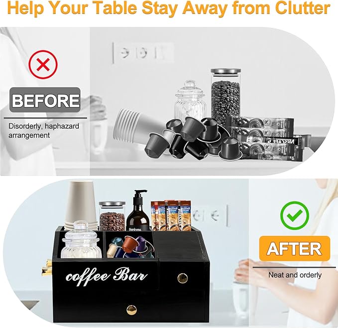 Coffee Station Organizer - Farmhouse Wood Kcup Holder for Counter, Countertop Snack Organizer with Hanging Handles, Suitable for Snacks, Coffee Capsules, Syrups and Various Accessories(Black)