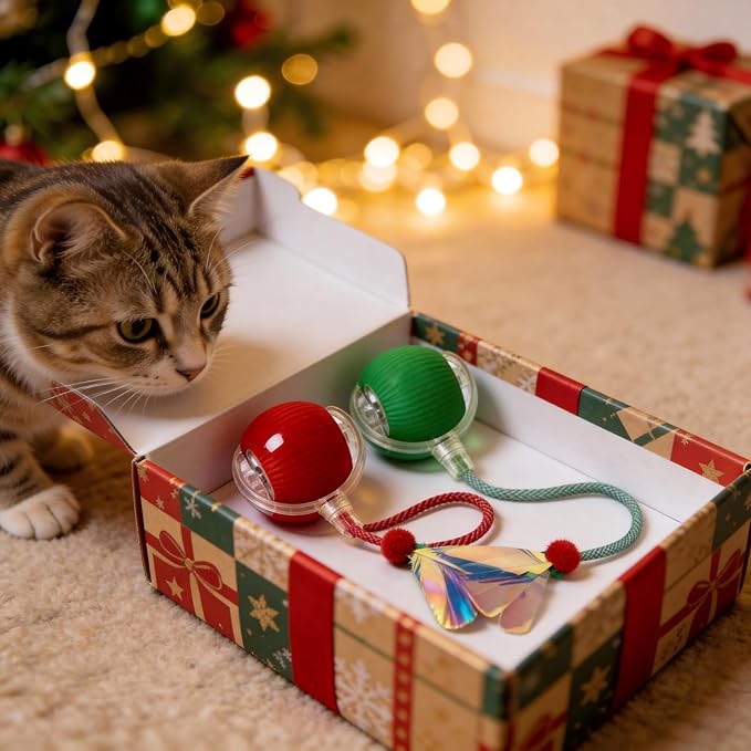JBD Smart Cat Toy Ball Bundle - 2 Pack (Red & Green) - Interactive Automatic Rolling Balls for Indoor Cats - Day & Night Mode (Active & Silent)