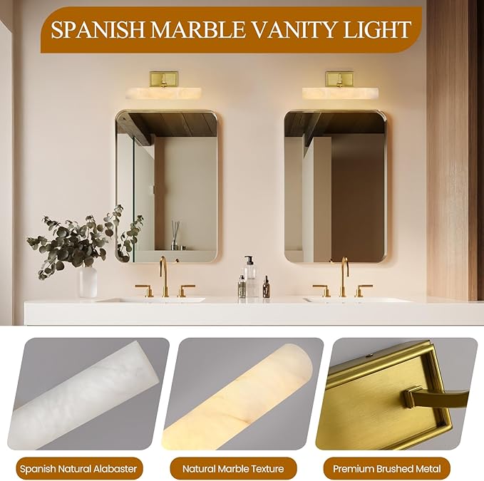 Alabaster Vanity Light, 12in Brass Bathroom Light Fixtures over Mirror, Modern Hardwired Picture Lights for Wall, Dimmable Marble Picture Frame Light for Bedroom, Living Room, Hallway, Artwork Display