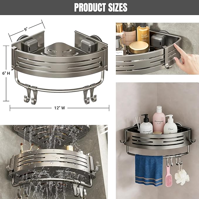 Corner Shower Shelf Caddy Suction Cup, No Drill Hole with Towel Bar and Hook, Gray Bathroom Storage Rack, Zero Drill Triangle Shelves, Store Toiletries and Bath Towel for Bathroom Kitchen RV