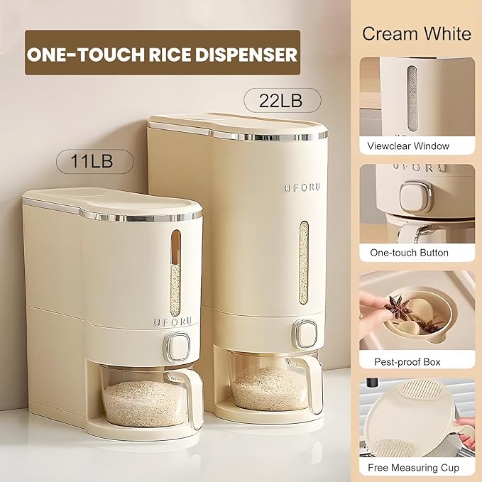 Rice Dispenser, Rice Storage Container with Measuring Cup for Kitchen Pantry Household, Cereal Dry Food Storage Containers Airtight, Sealed Moisture Proof， 22 Lbs
