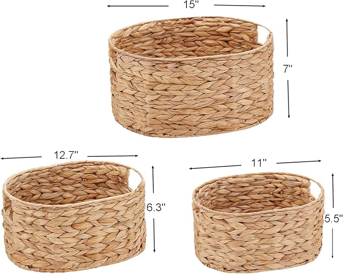 Vagusicc Wicker Basket, 3-Pack Hand-Woven Water Hyacinth Wicker Storage Basket with Handles, Large Woven Storage Baskets for Shelves, Round Storage Baskets for Organizing & Decor