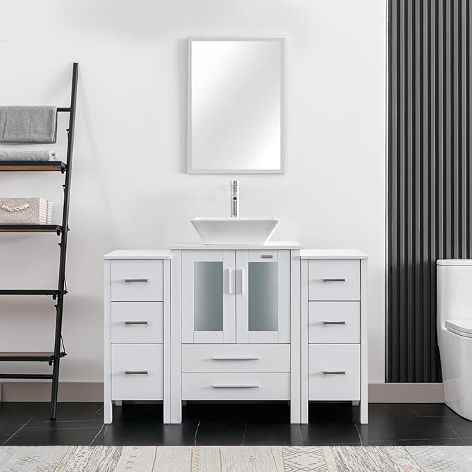 eclife 48" Modern Bathroom Vanity Sink Combo Freestanding Cabinet with Small Side Cabinet, White Square Ceramic Vessel Sink, Water Save Faucet, Drain (White+A07)