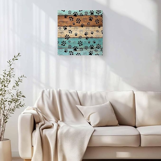 Framed Canvas Wall Art for Living Room Dog Paw Print Wall Decor, Retro Brown Turquoise Wood Grain Aesthetic Paintings for Bedroom Office Kitchen Bathroom, Ready to Hang Wall Pictures 20x20 Inch