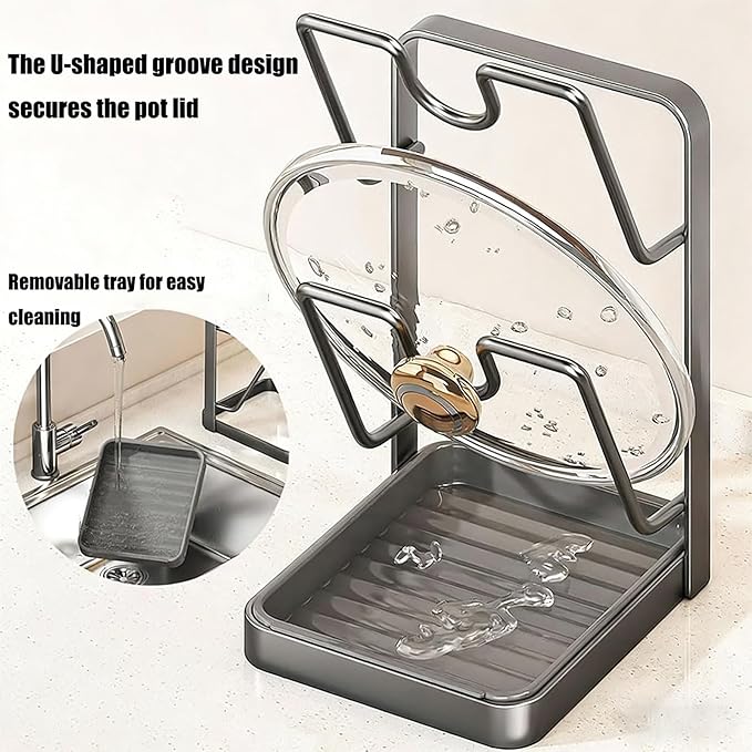 Kitchen Pot Lid Storage Rack, Stainless Steel Pot Lid Organizer & Holder, Lid and Spoon Rest with Drip Tray While Cooking, Space Saving for Countertop, RV, and Small Kitchens (Beige)